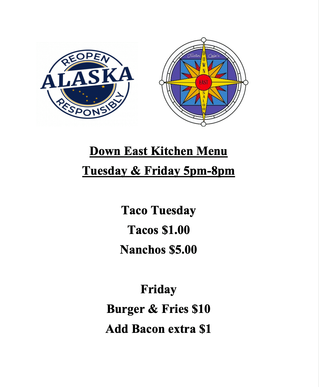 Down East Saloon Menu