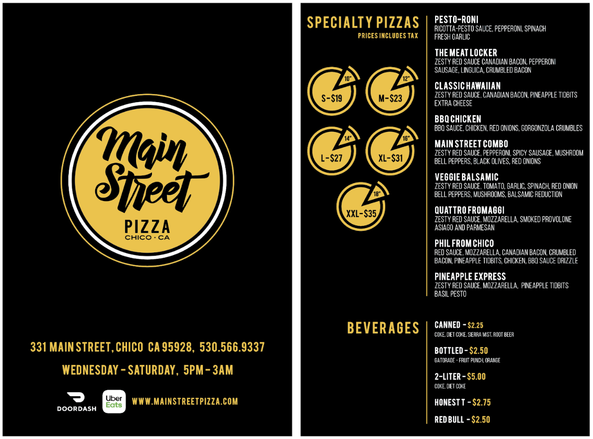 Main Street Pizza Menu