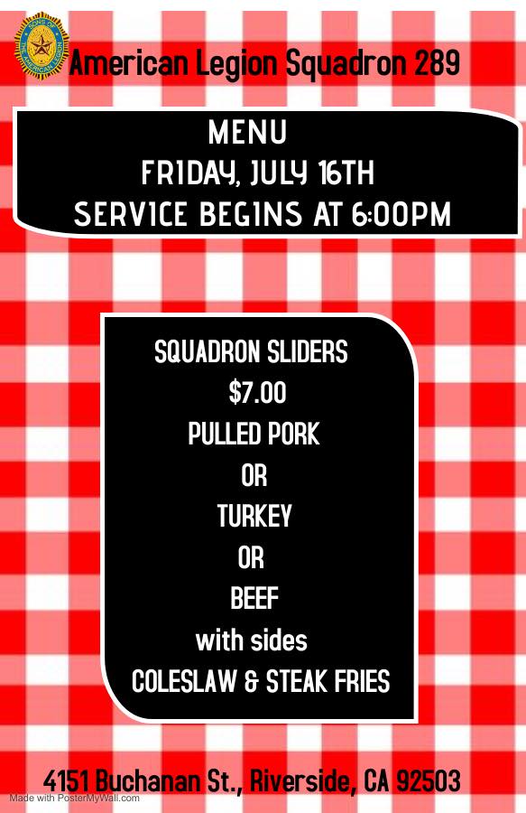 American Legion Post 289 Menu