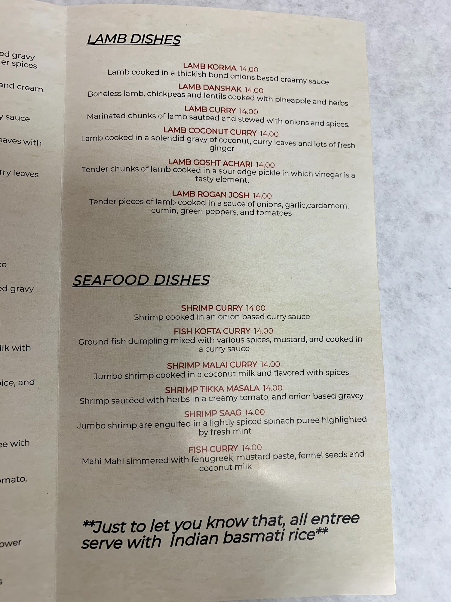 Razia Indian Restaurant Menu