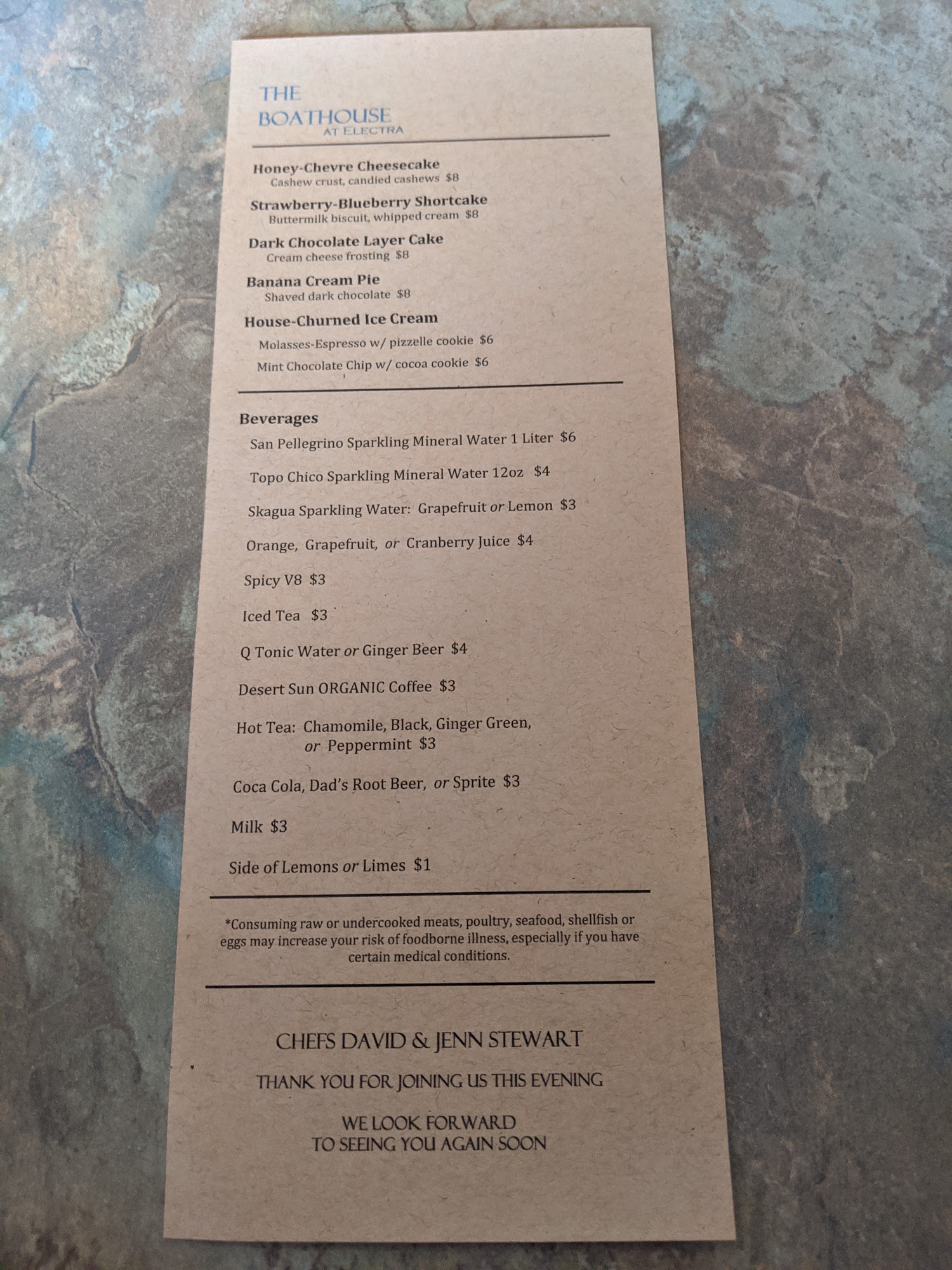 The Boathouse at Electra Lake Menu