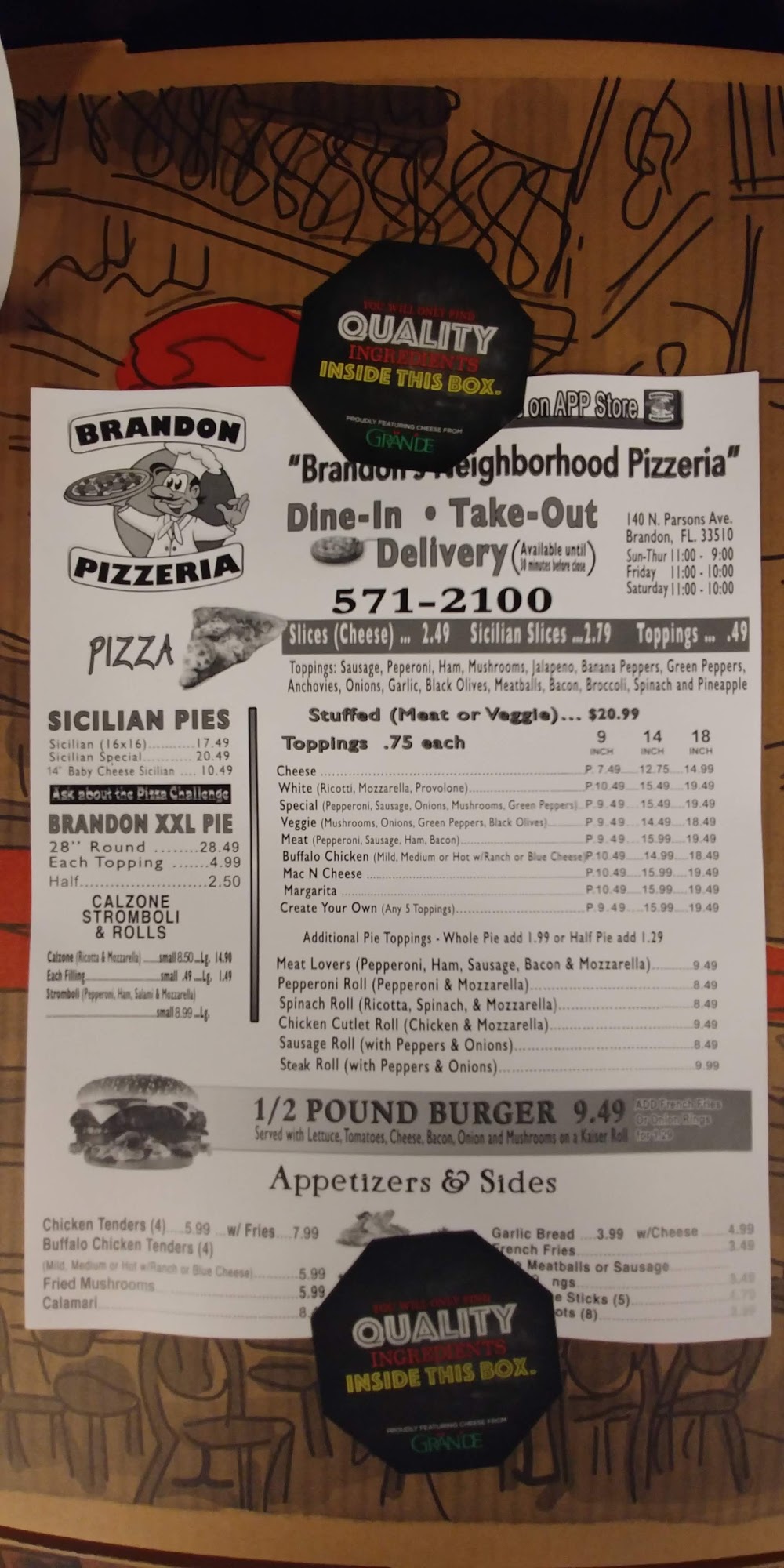 Brandon Pizzeria of New York Menu