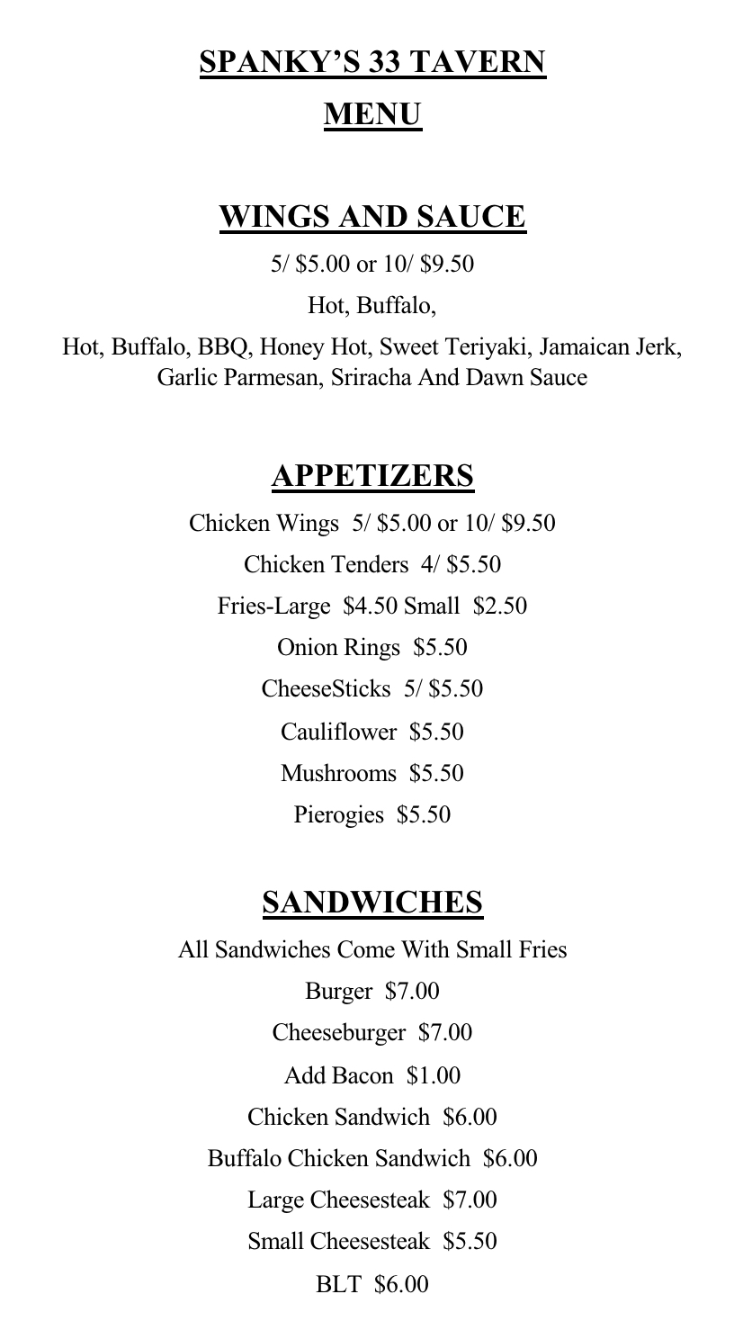 Spanky’s 33 Tavern Menu