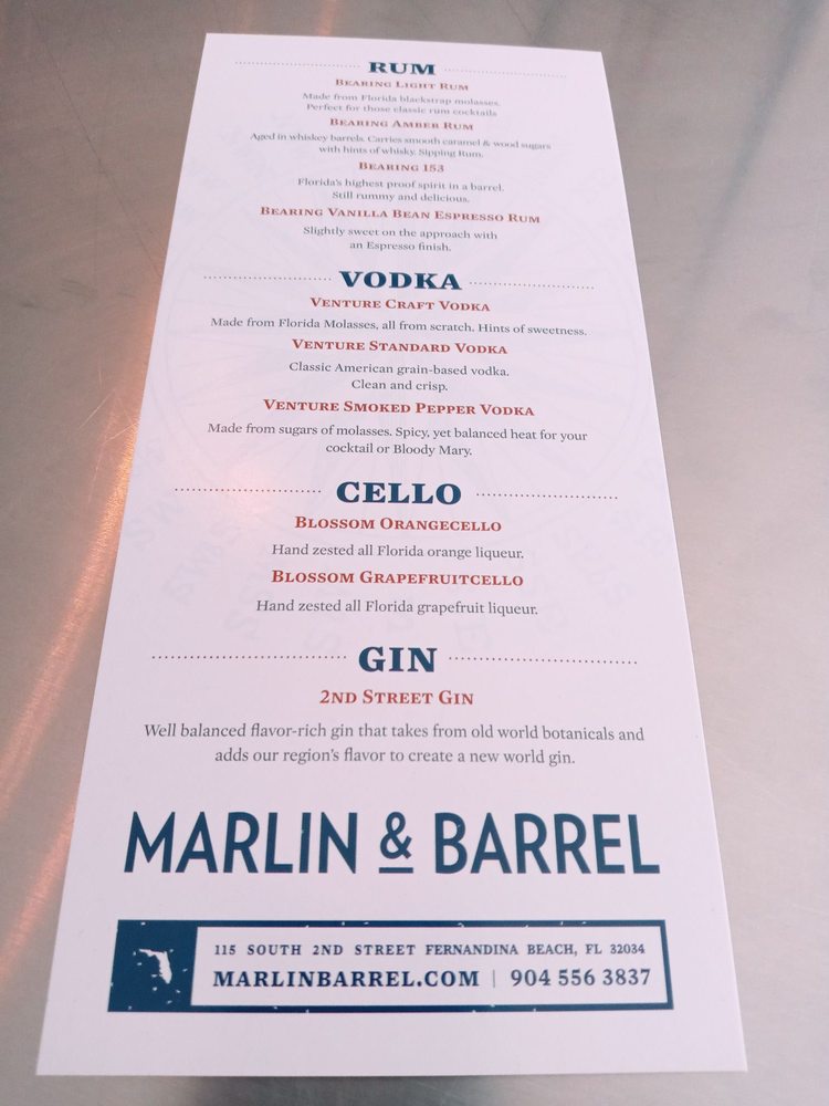 Marlin & Barrel Distillery Menu