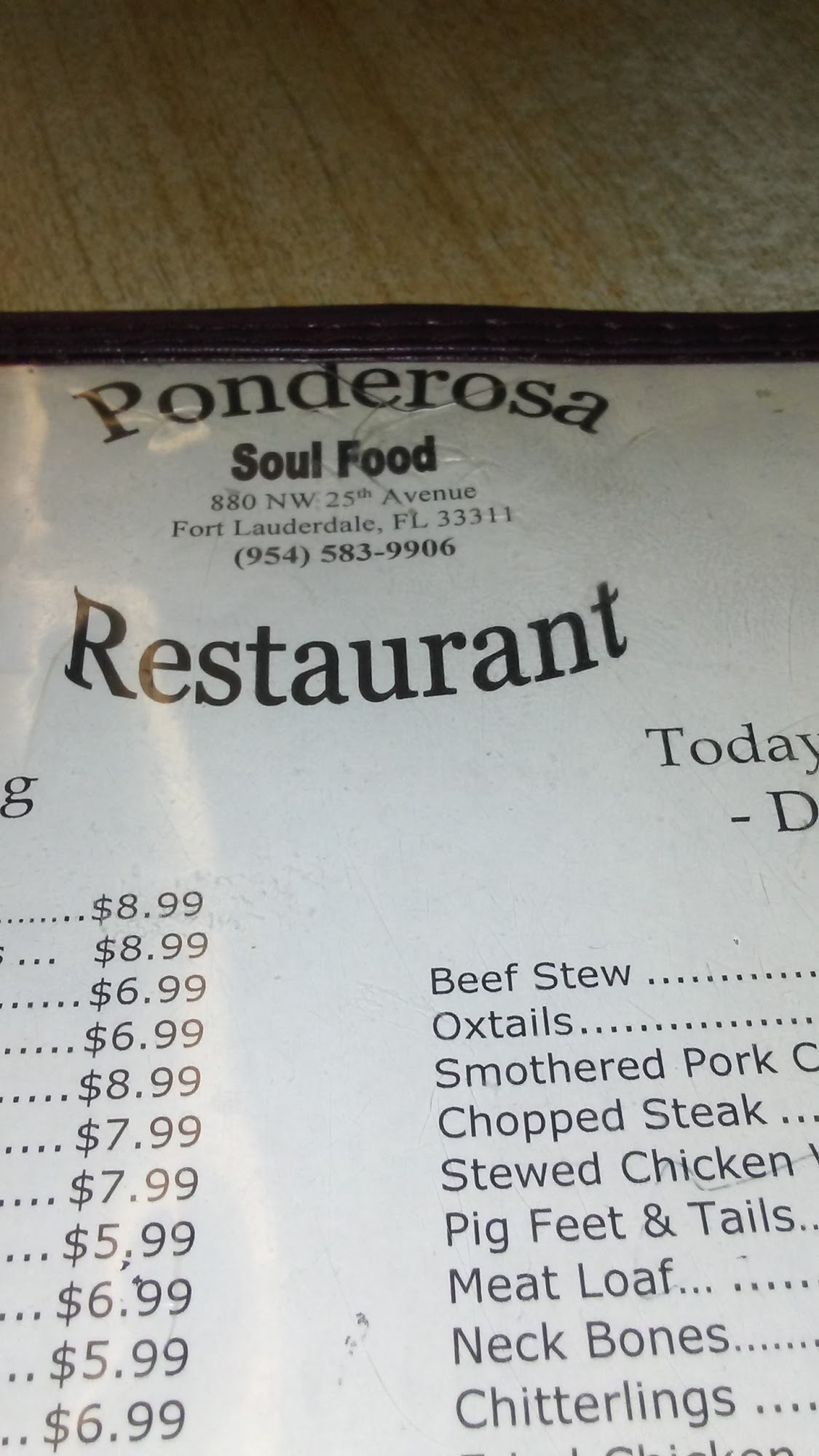 Ponderosa Soul Food Restaurant Menu
