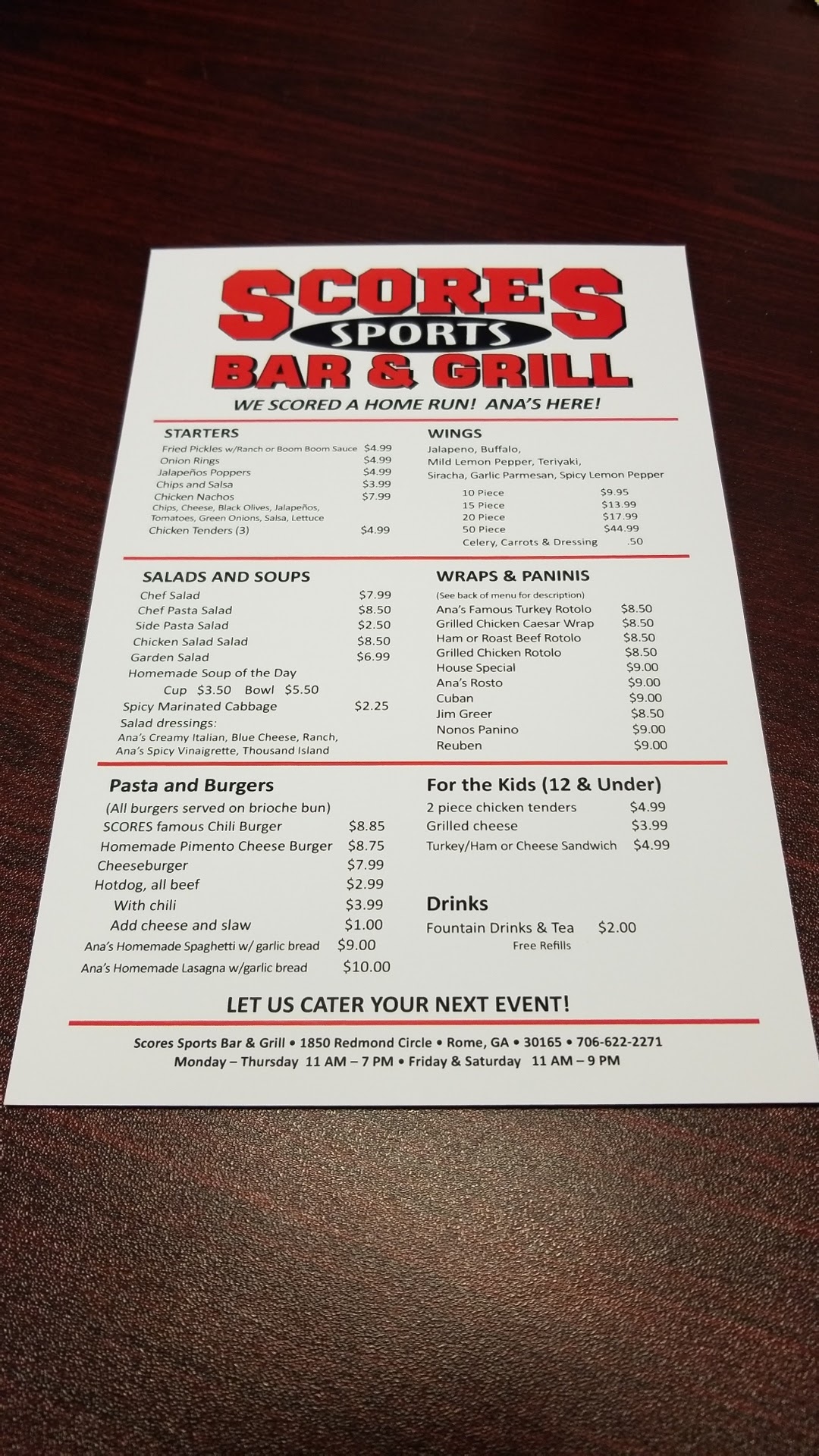 Scores Bar And Grill Menu