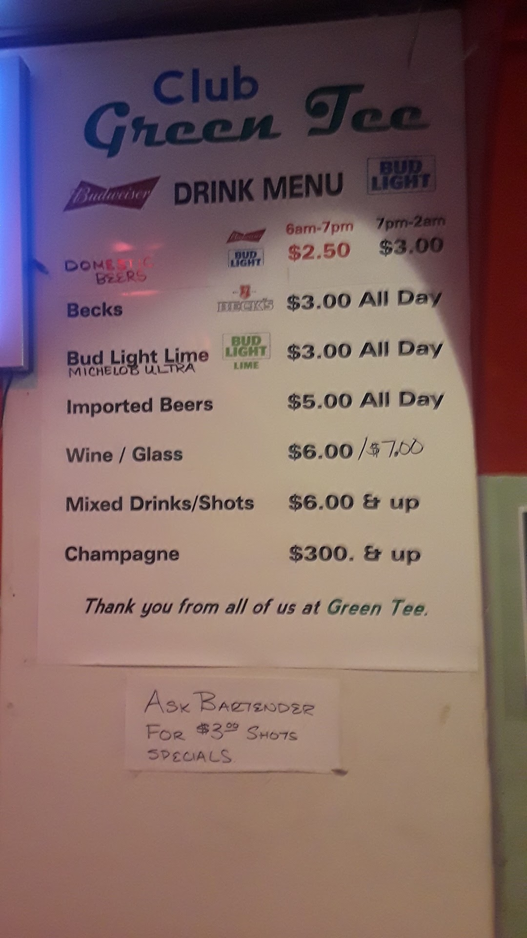 New Club Green Tee Menu