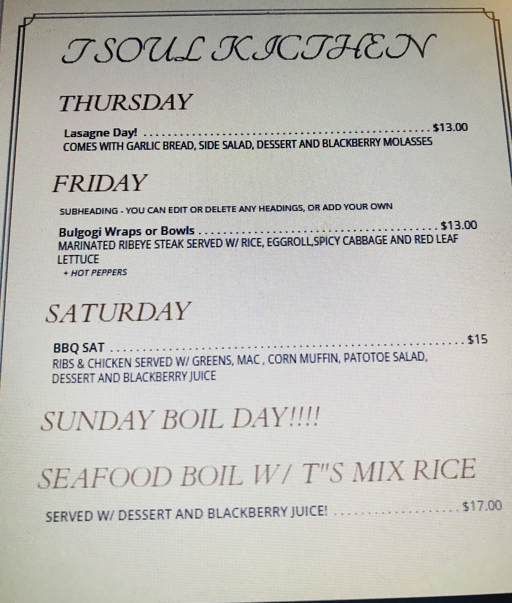 T Soul Kitchen Menu