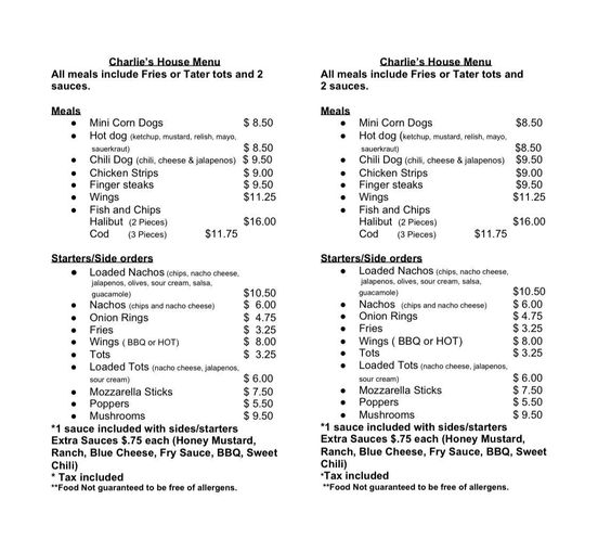 Charlie’s House Menu