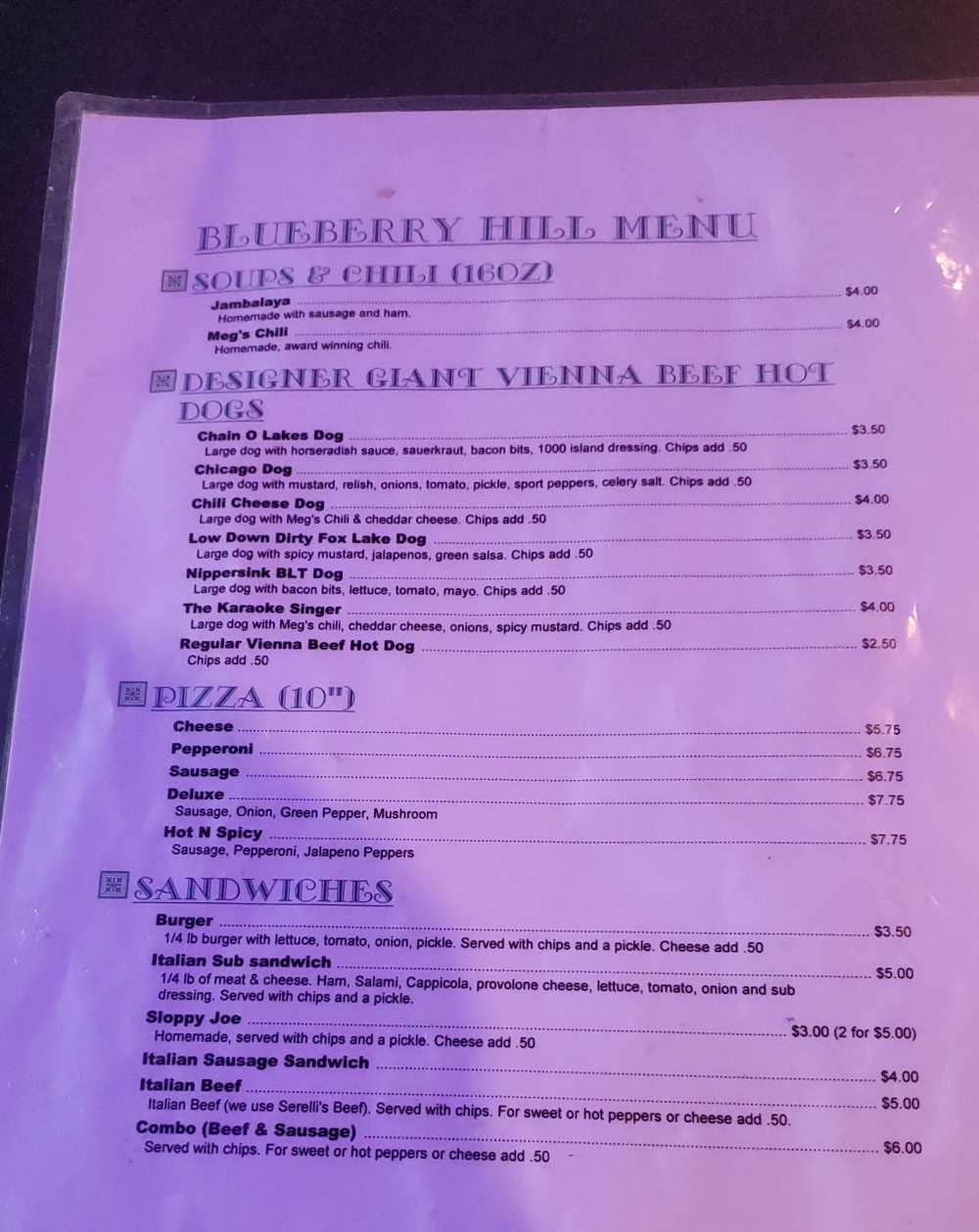 Blueberry Hill Menu