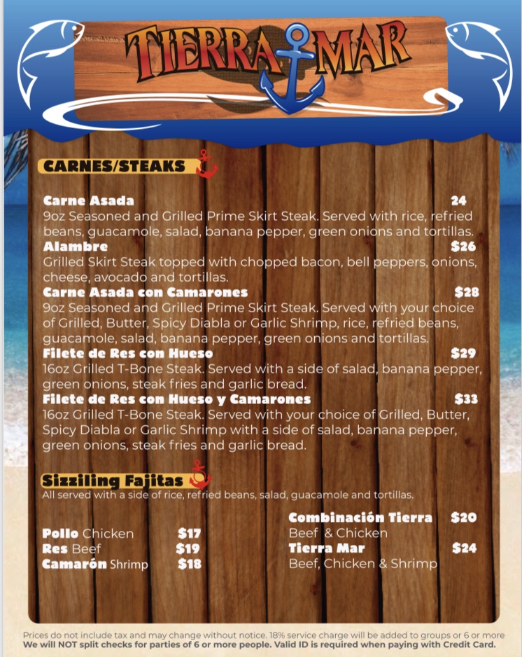 Tierra Mar Restaurant Menu