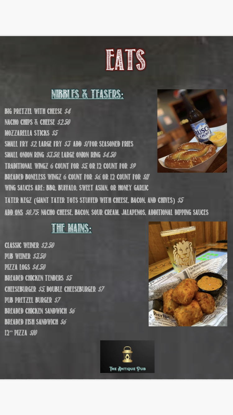 The Antique Pub Menu