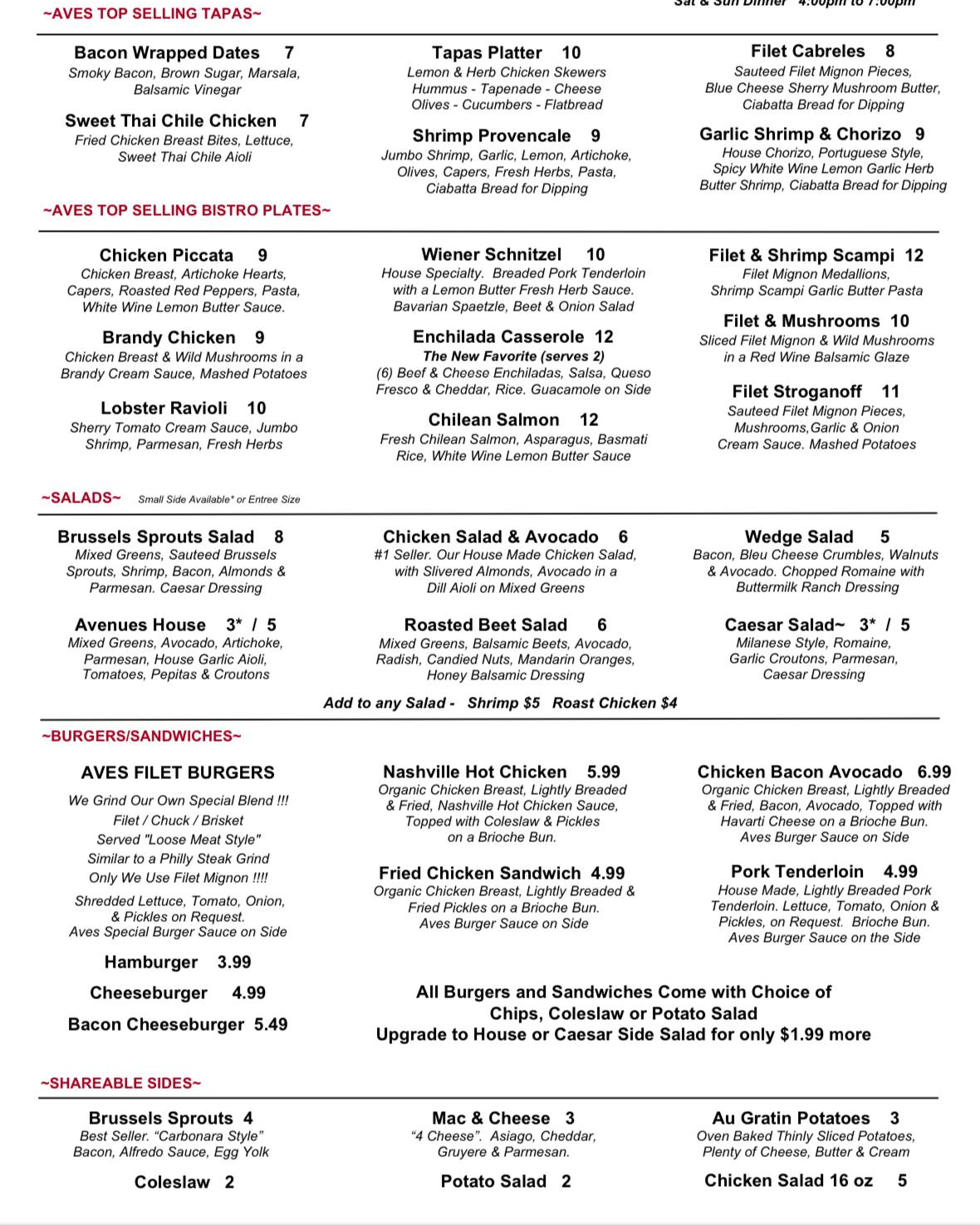 Avenues Classics Menu