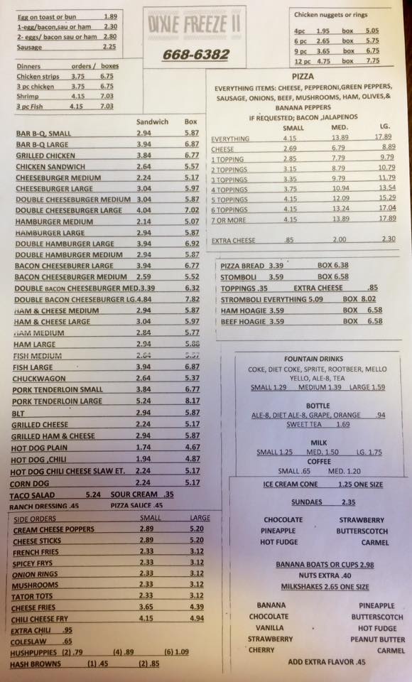 Dixie Freeze II Menu