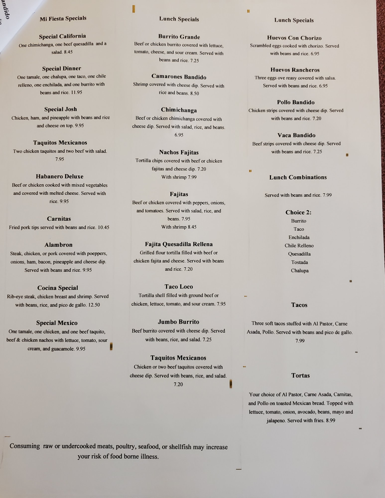 Mi fiesta mexicana Menu