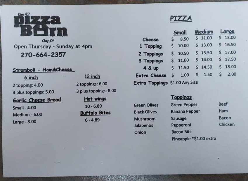 Pizza Barn Menu
