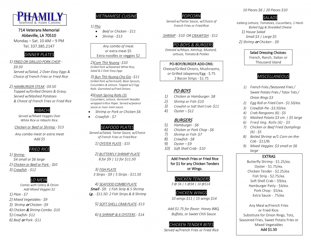Phamily Seafood Menu