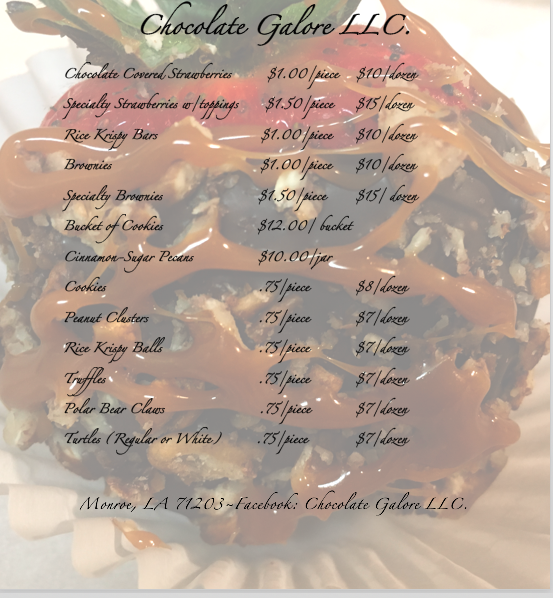 Chocolate Galore LLC Menu