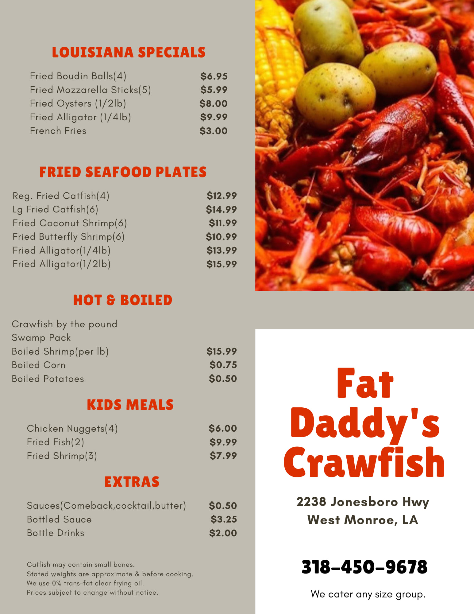 Fat Daddy's Crawfish Menu
