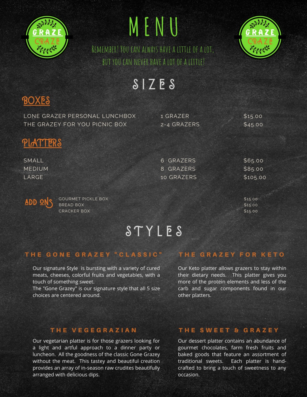 Graze Craze Charcuterie Boards & Boxes - Amherst, MA Menu