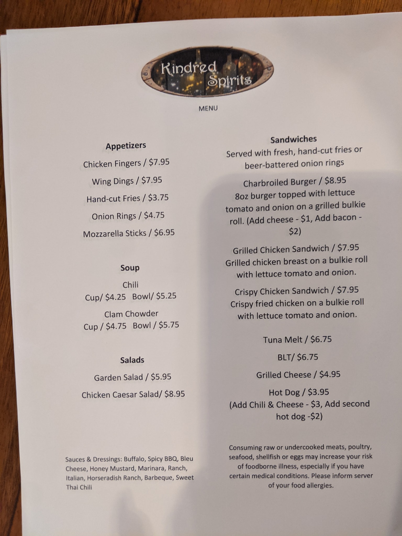 Kindred Spirits Menu