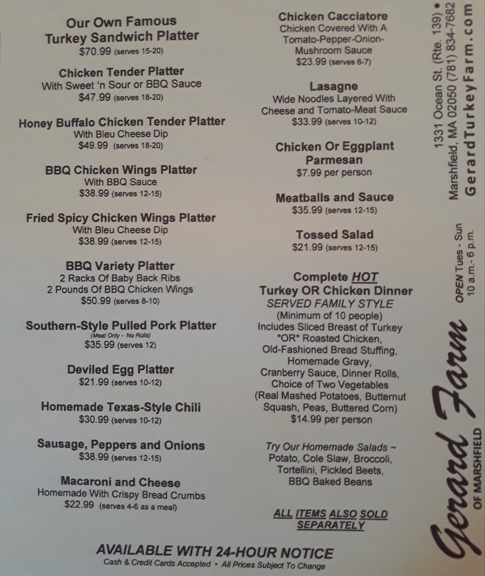 Gerard Farm Menu