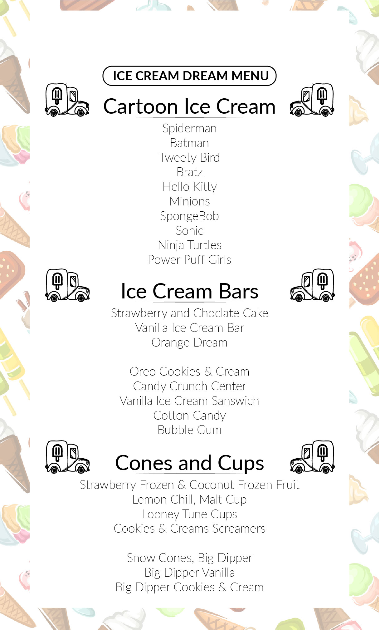 Najwa's Ice Cream Truck Menu