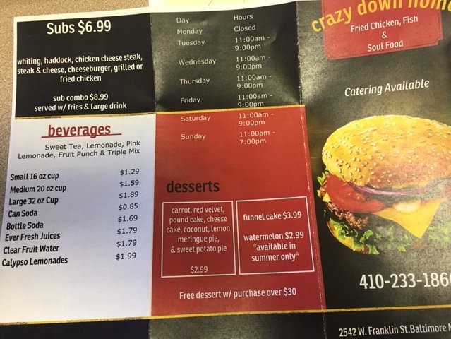 Crazy Down Home Menu