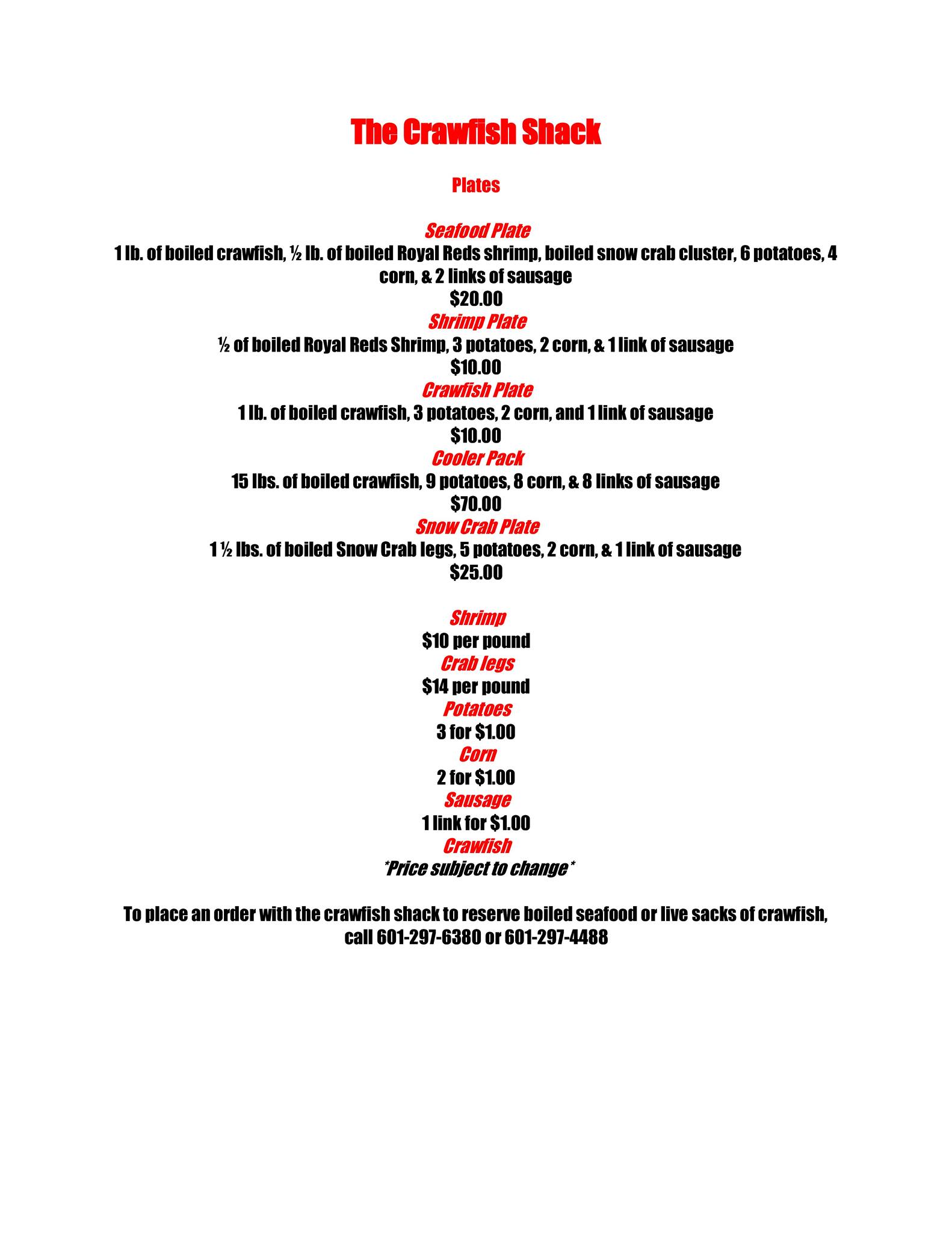 The Crawfish Shack Menu