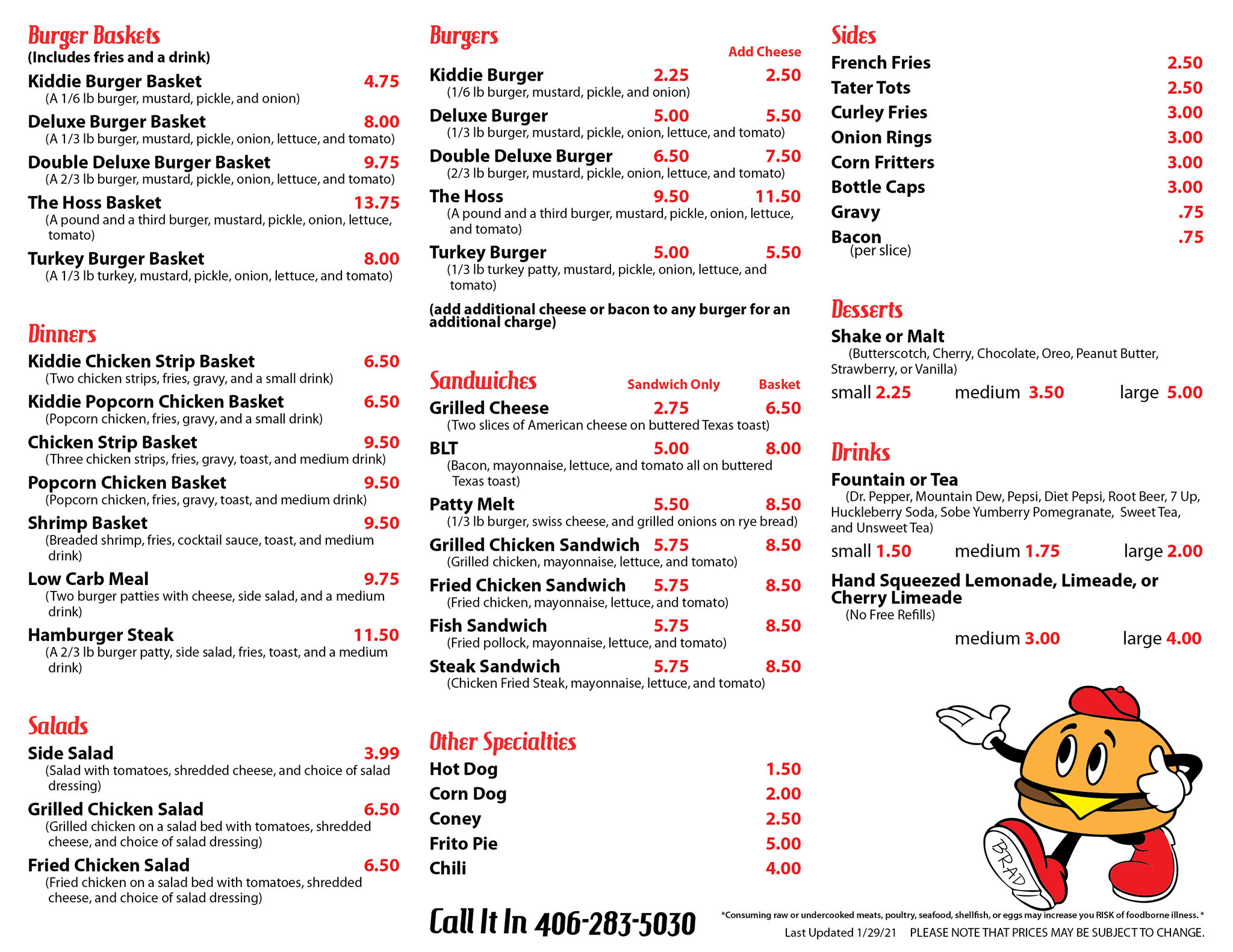 Brad’s Burgers Menu