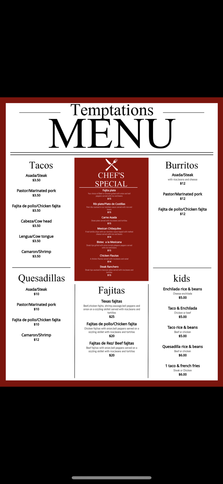 Mary's Mexican Restaurant & Bar Menu