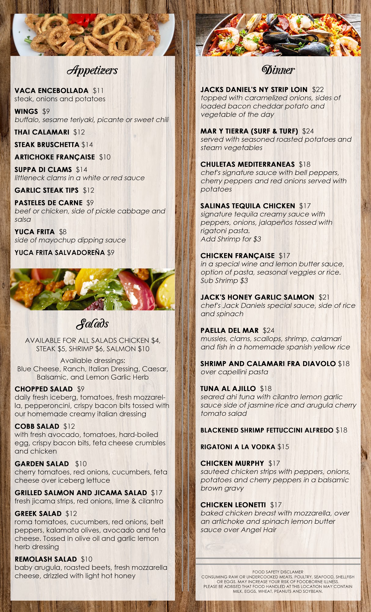Salinas Cafe and Restaurant Menu