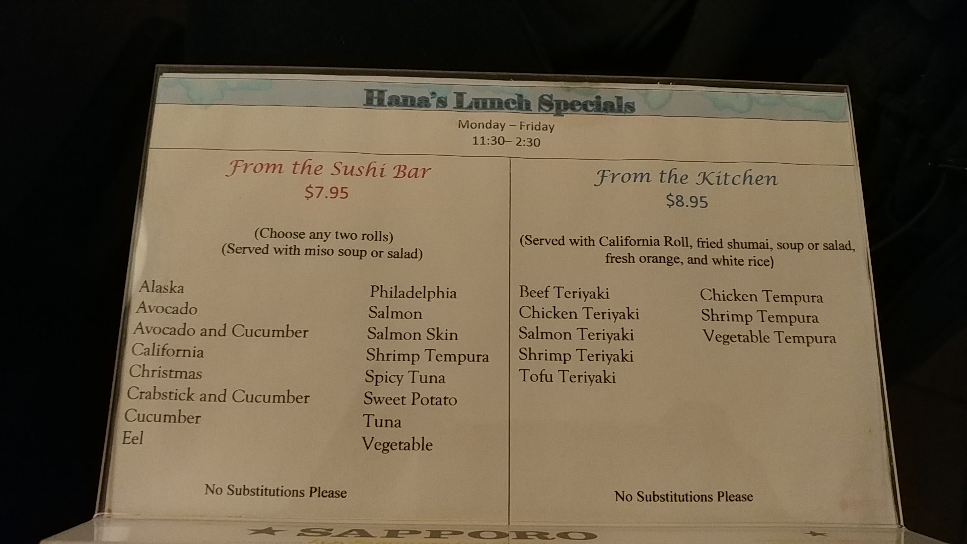 Hana Sushi & Steak House Menu