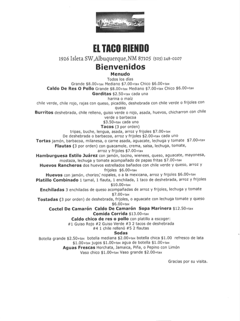 El Taco Riendo Menu