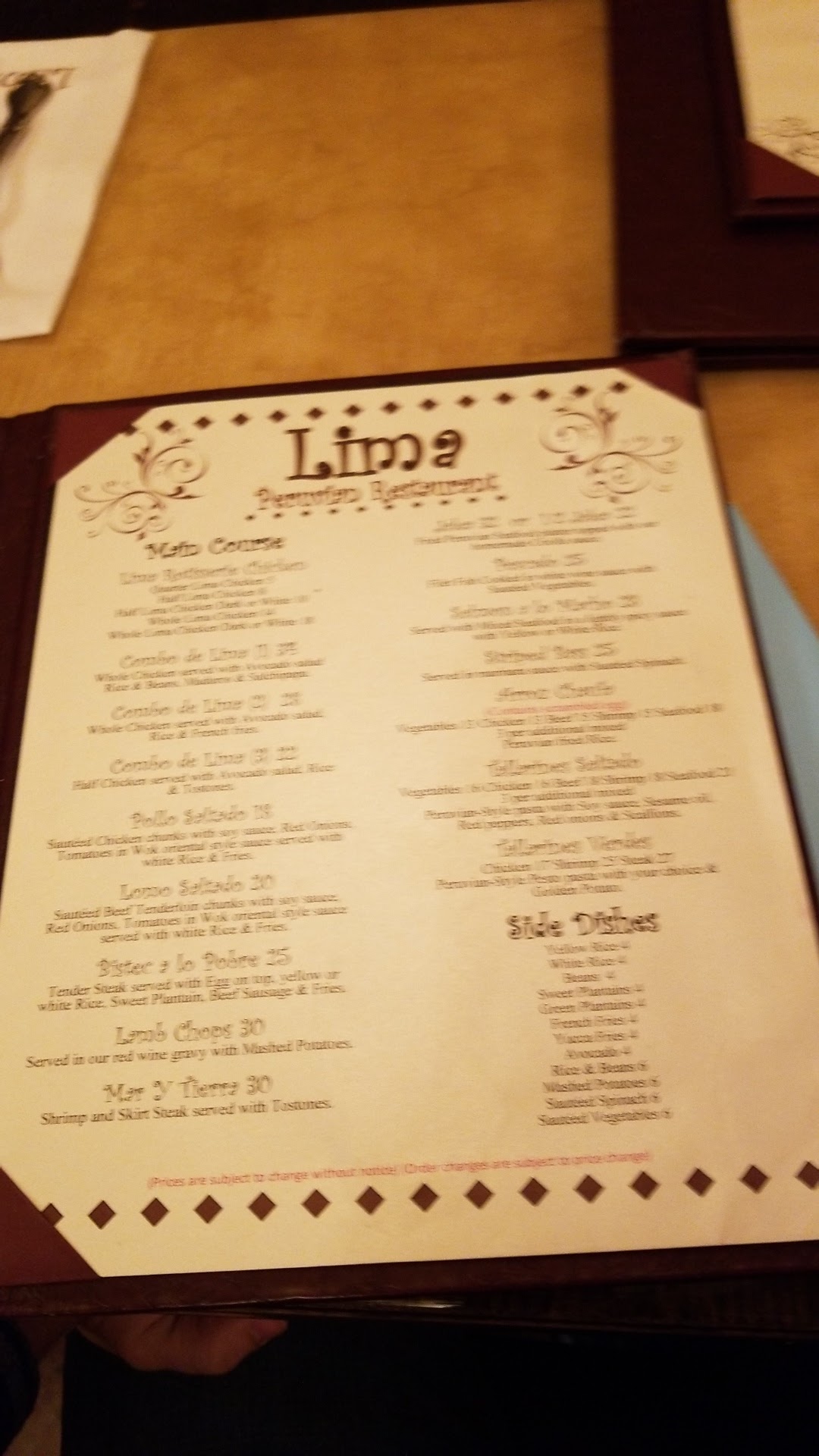 Lima Mill Basin Menu