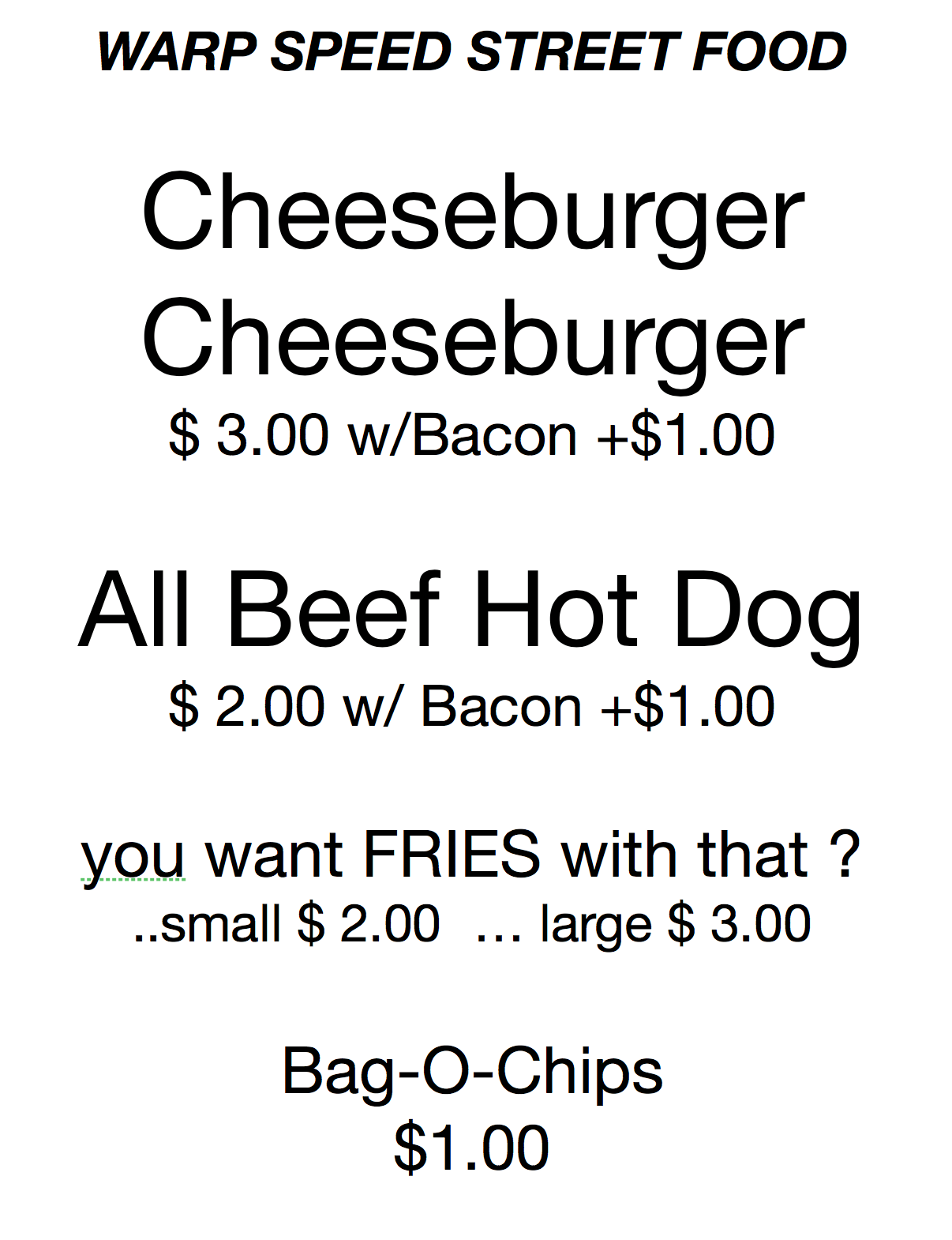 Lou's Street Food, Center Ithaca Menu