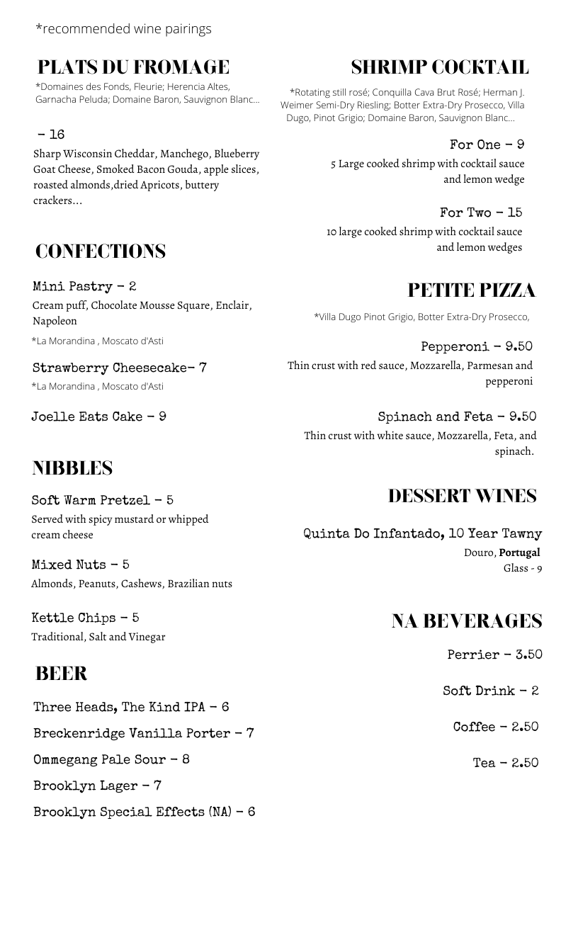 Carnegie Cellars Wine Bar & Kitchen Menu