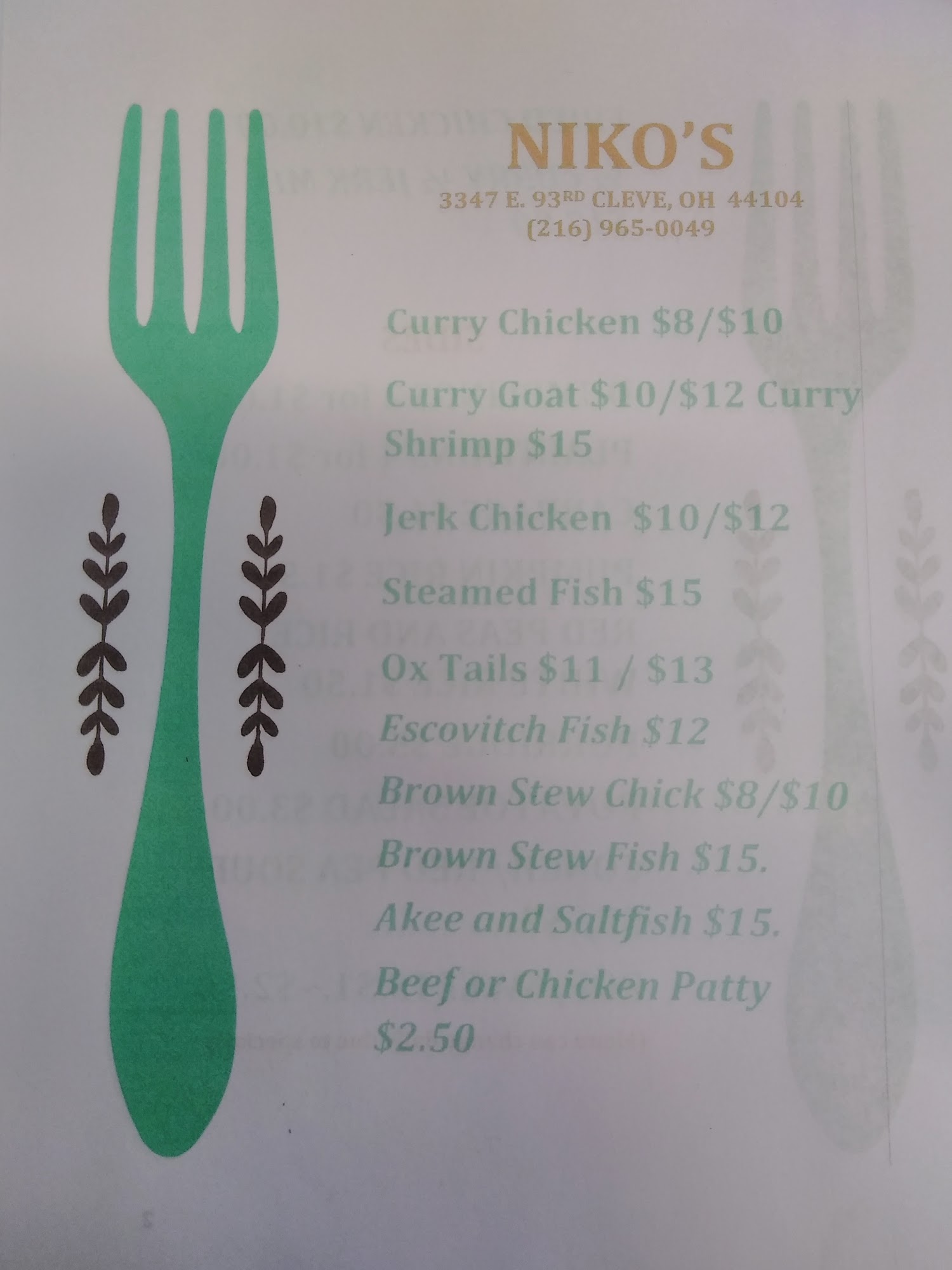 Niko's Jamaican Restaurant Menu