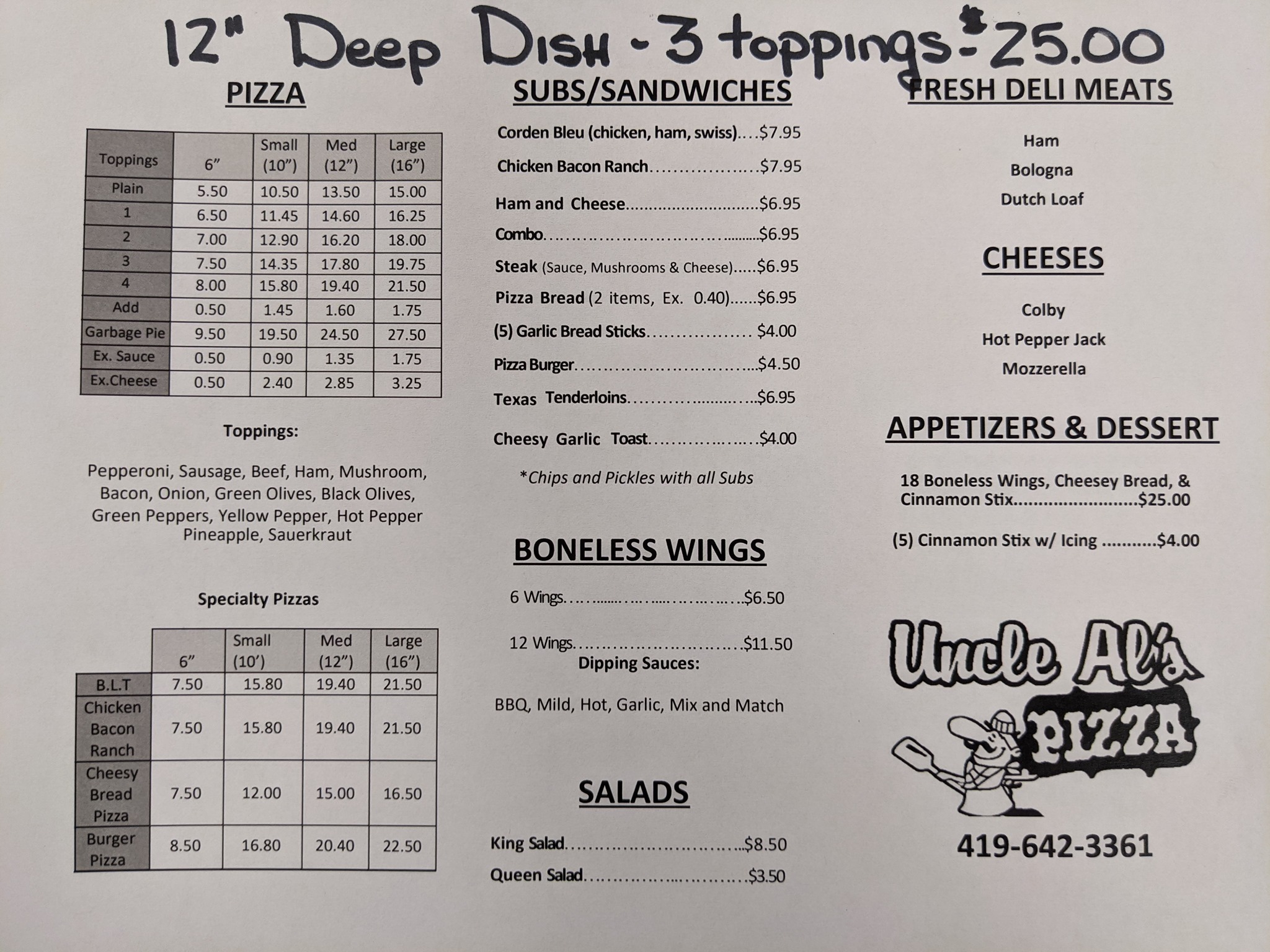 Uncle Al's Pizza Menu