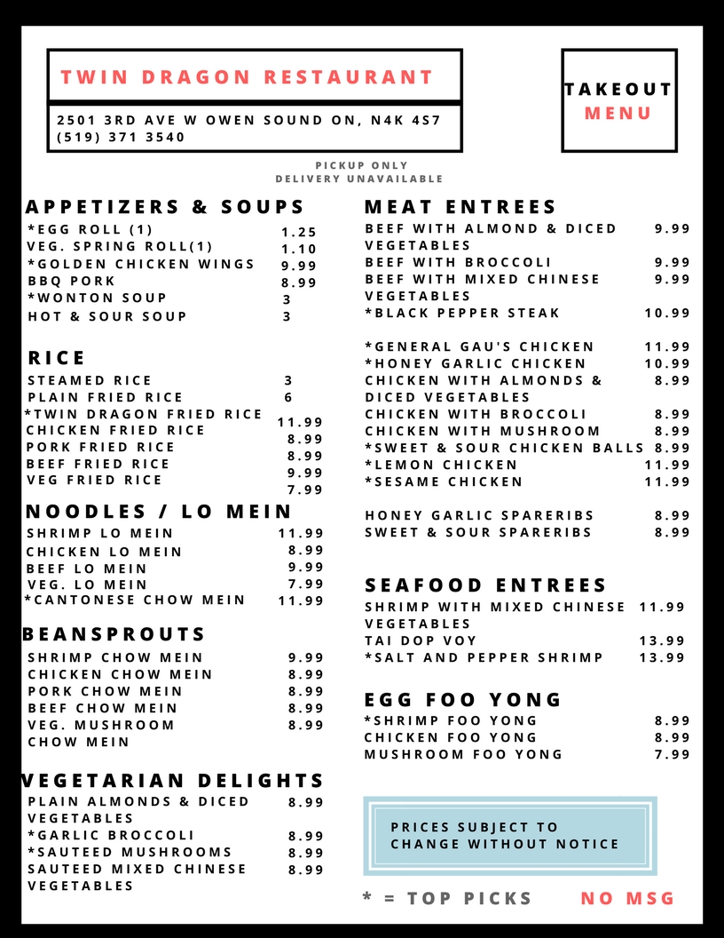 Twin Dragon Restaurant Menu