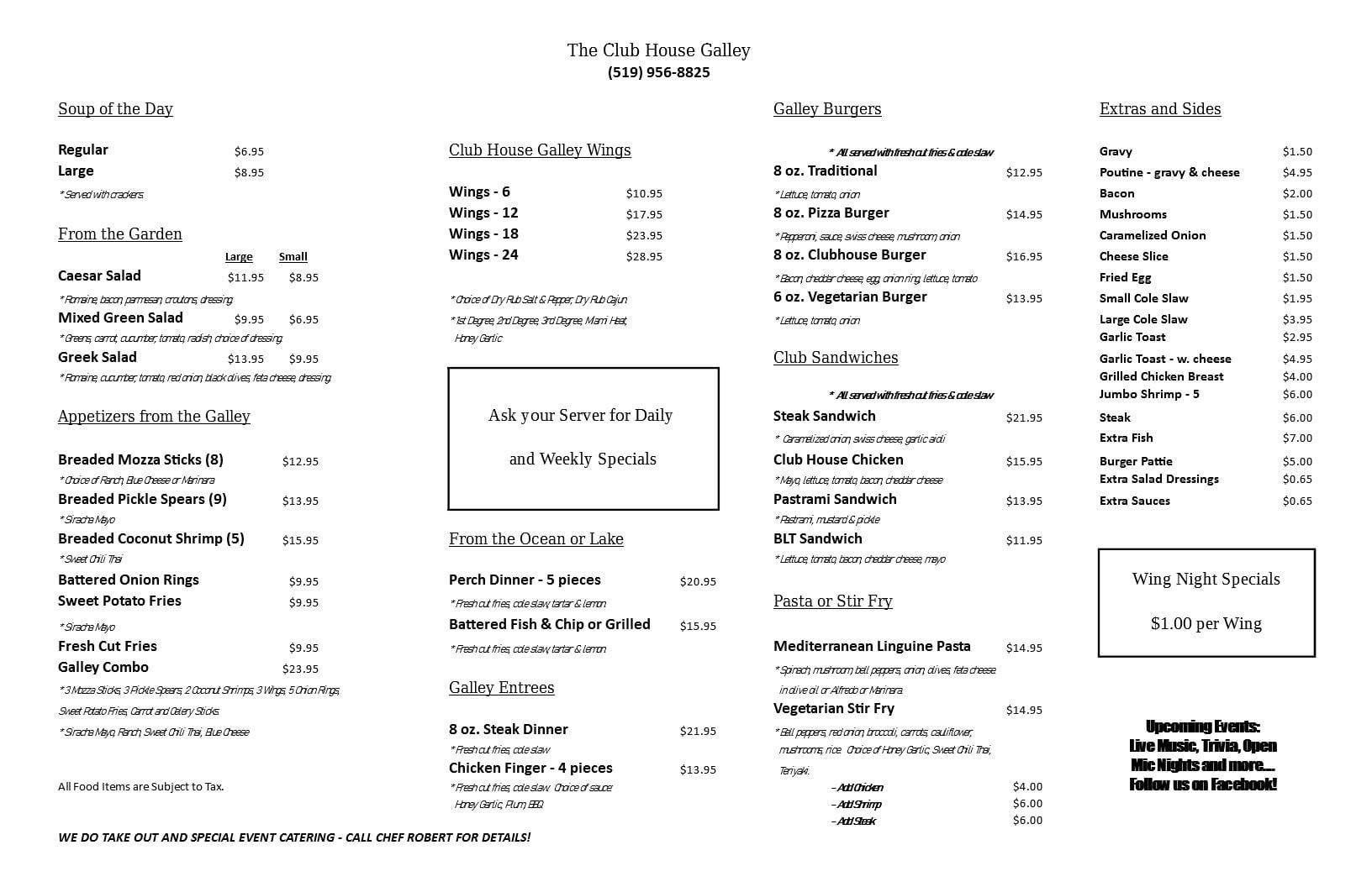 The Club House Galley Menu