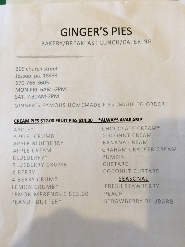 Ginger's Pies Menu