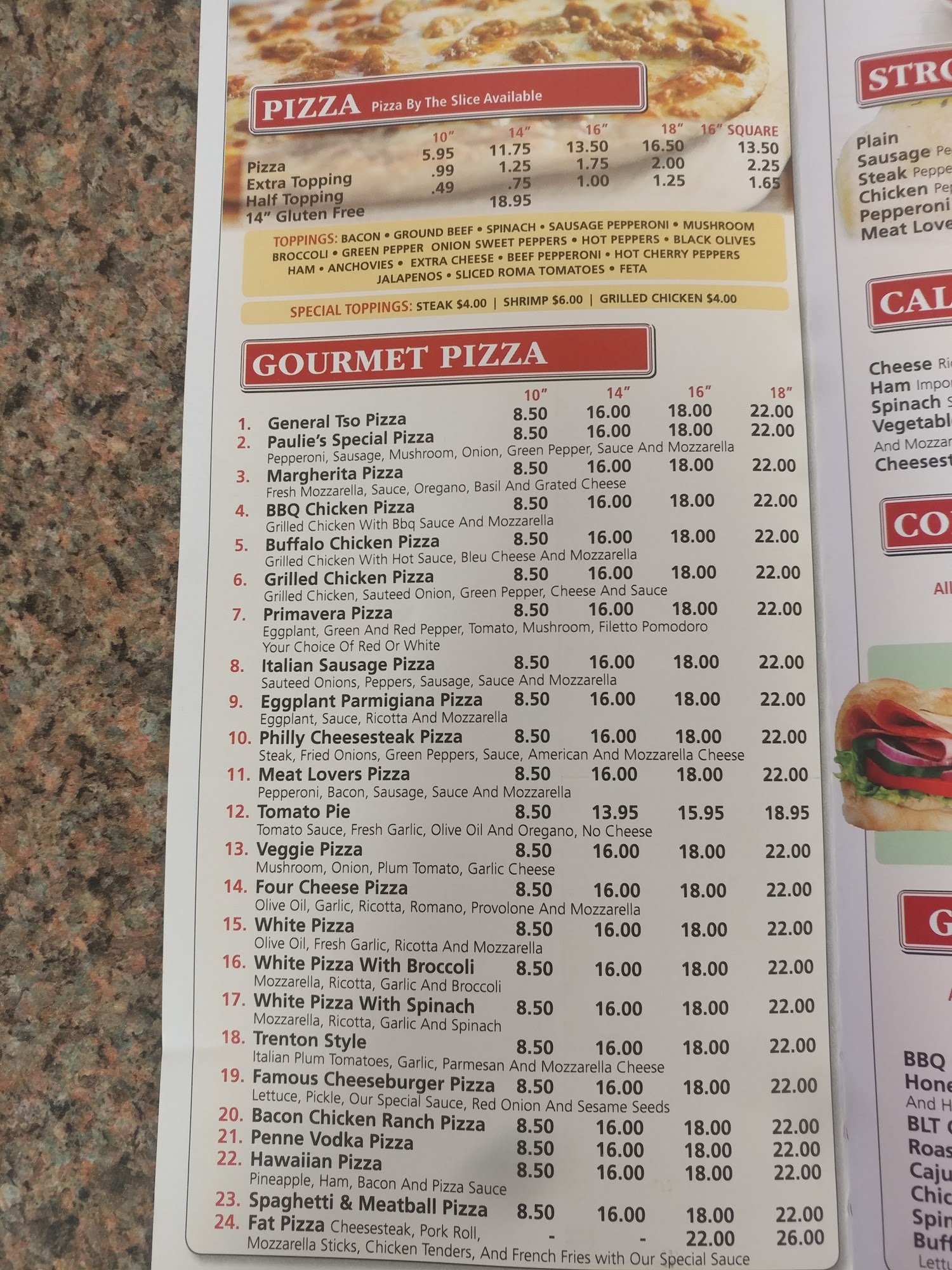 Paulie's Pizza Menu
