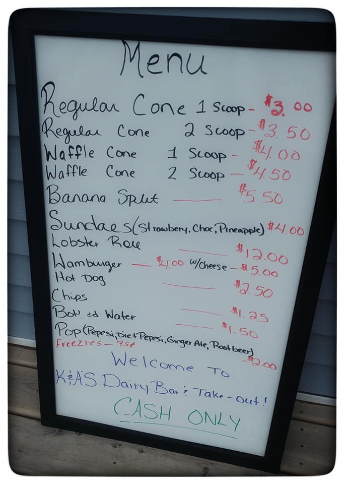 K and A Dairy Bar and Take Out Menu