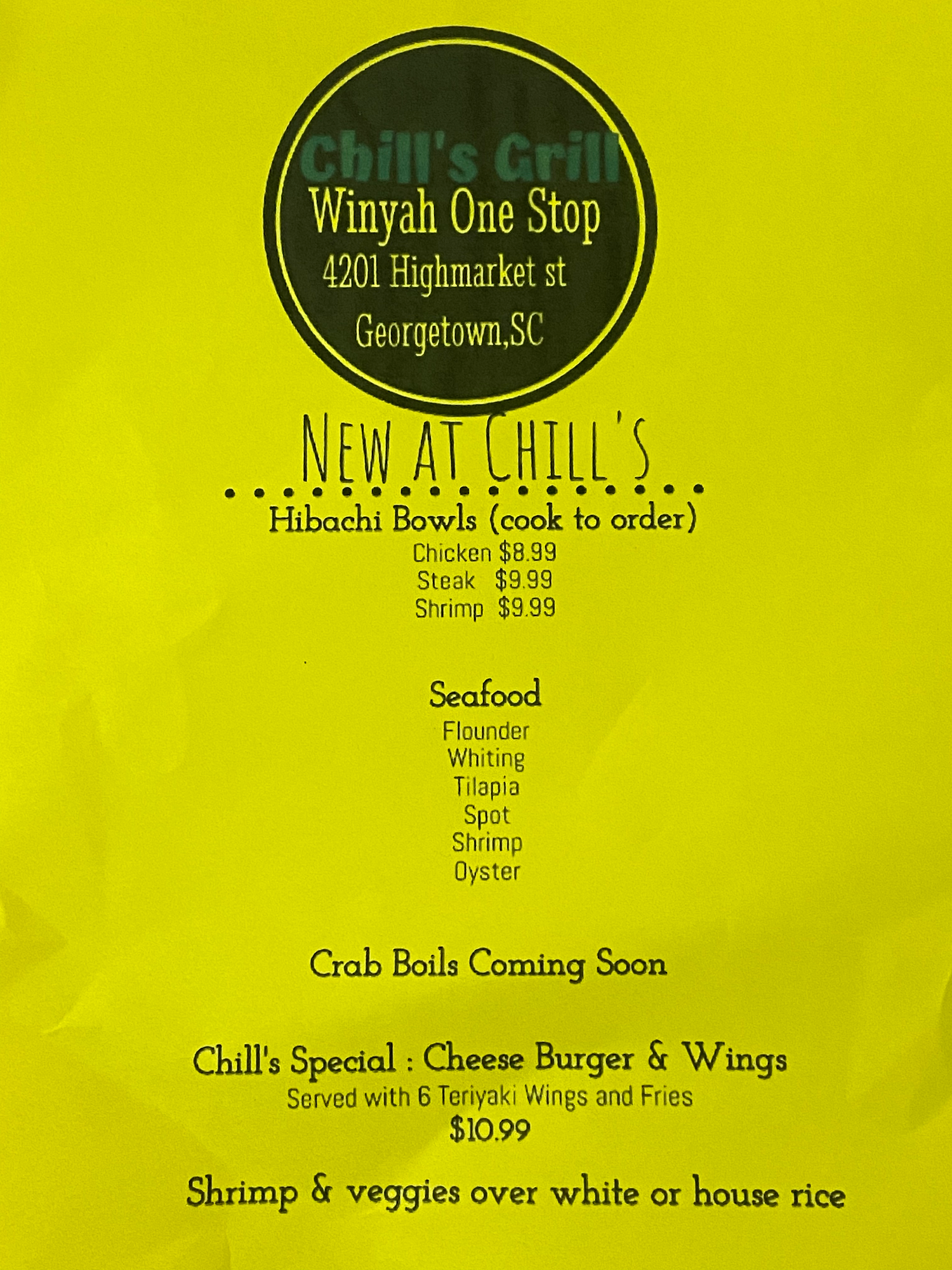 Chill’s Grill @ Winyah One Stop Menu