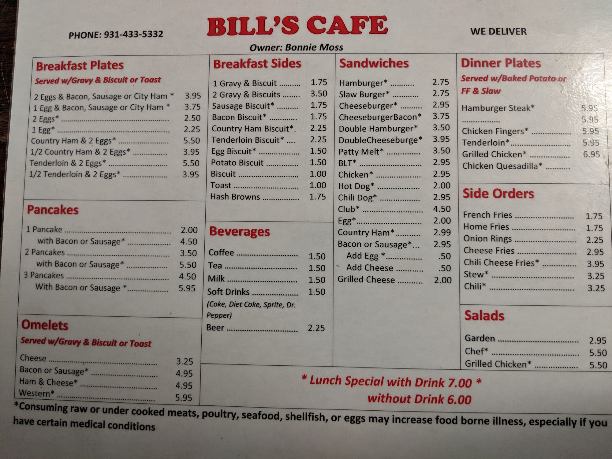 Bill's Cafe Menu