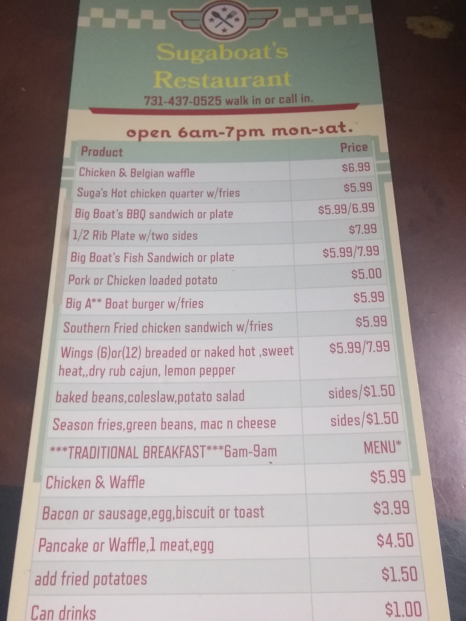 SUGABOAT'S RESTAURANT Menu