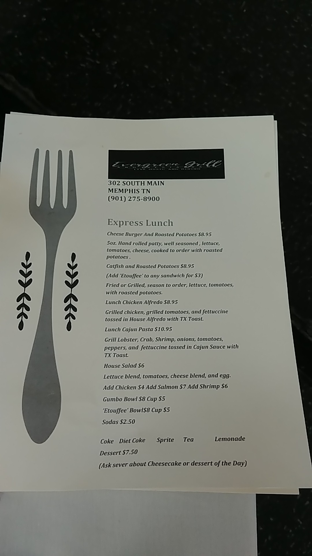 Evergreen Grill Menu