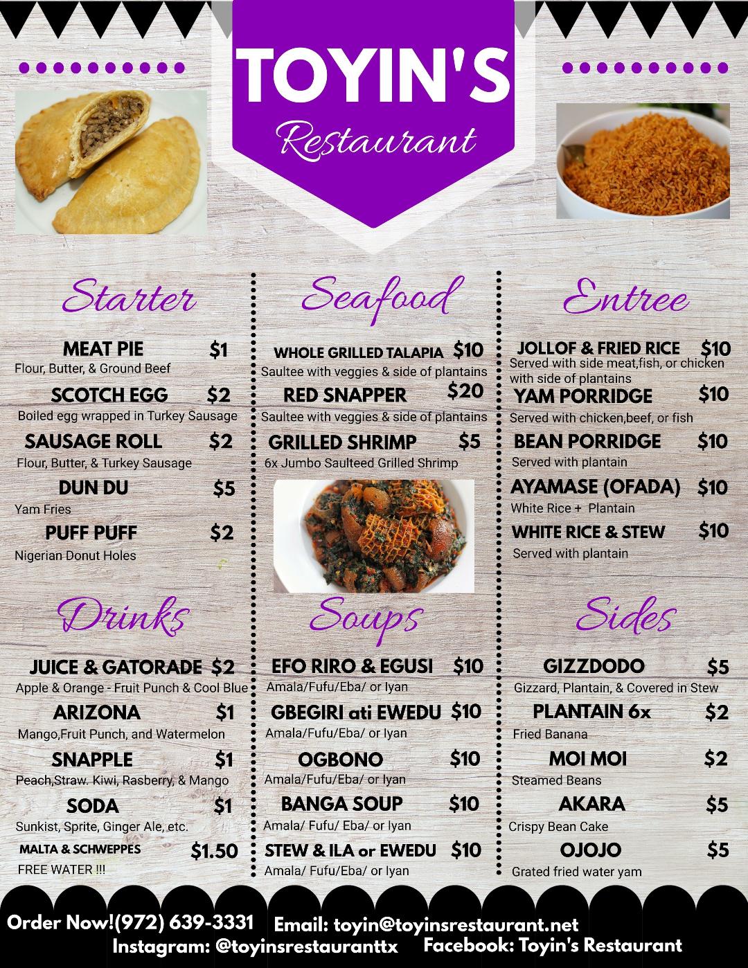 Toyin's Restaurant Menu