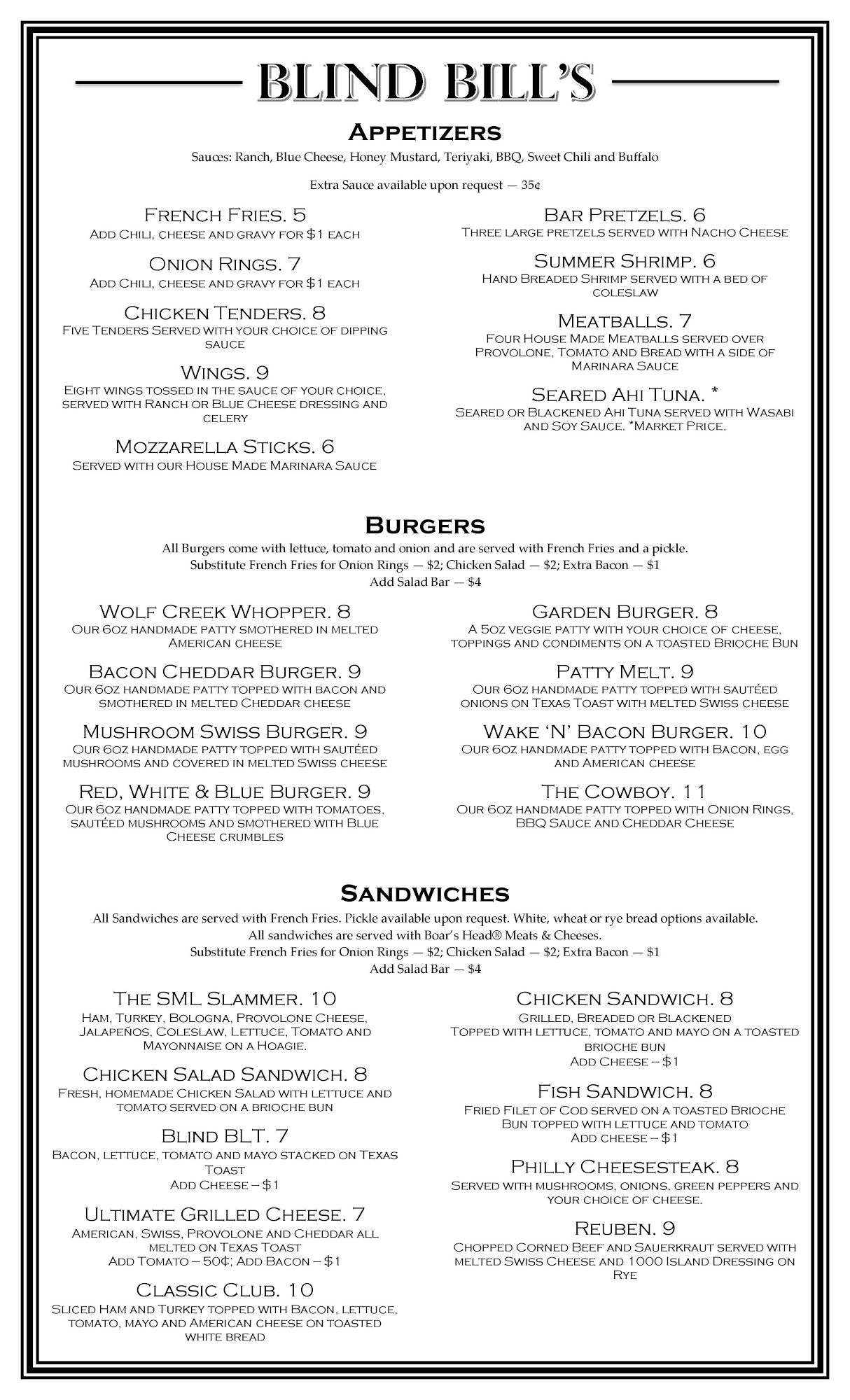 Blind Bill's Restaurant Menu